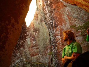 Mike Dobie with the route Morass in the background