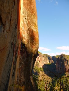 Zhoulei seconding Orange Sky after Darryls first ascent