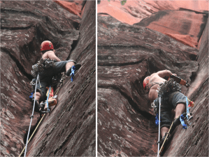 Mike Dobie bolt aiding past the loose rock section on Soul's awakening